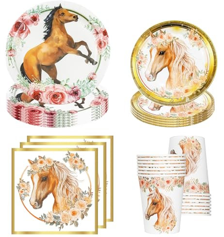Qcdou Vaisselle de Fête, Cheval Vaisselle de fête pour 10 invités, Kit Décoration D'anniversaire D'enfan, Cheval Assiettes en carton Gobelets Serviettes déco anniversaire, Party Noël