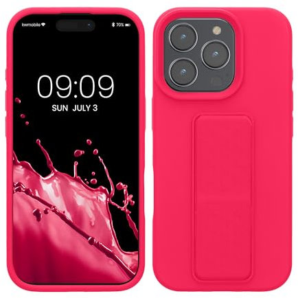 kwmobile Case Compatible with Apple iPhone 16 Pro - Case with Hand Strap and Stand Soft TPU Silicone Coating - Neon Pink