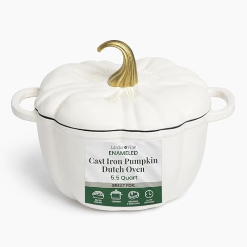 Larder & Vine Enameled Cast Iron Pumpkin Dutch Oven | 5.5 qt Dutch Oven Pot with Lid | Stovetop & Oven Safe to 500° F | Pumpkin Pot for Cooking | White Dutch Oven | Pumpkin Cocotte | Dual Handles