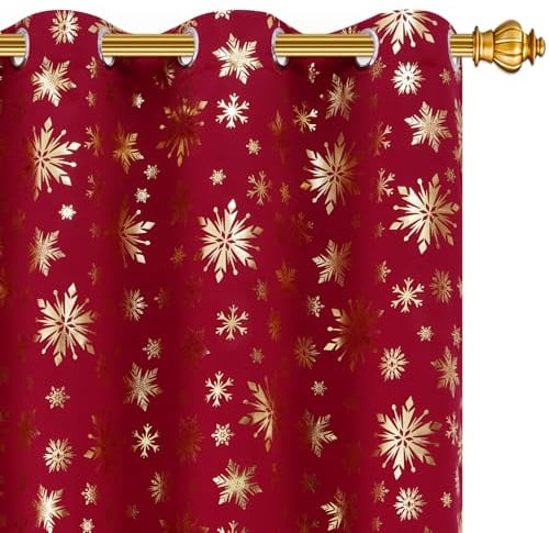 FRAMICS Weihnachtsvorhänge für Wohnzimmer, goldene Schneeflocken-Folien-Druckvorhänge, Verdunkelungsvorhänge für Schlafzimmer, rote Weihnachtsvorhänge, 213 cm Länge, 2 Paneele, Fenstervorhänge mit