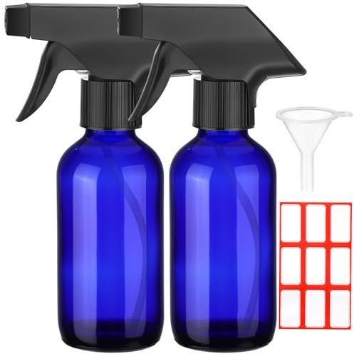 Fumete Glass Material Bottles 4oz Bottle Refillable Liquid Containers with 1 Label 1 Funnel for Hair Travel Plants Cleaning Skin Care (Blue, Black Top,Spray Bottle)