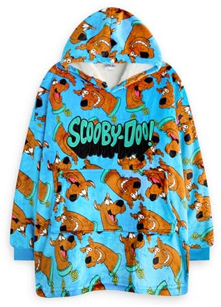Scooby Doo Jungen tragbarer Decken-Hoodie | Kinder-Kapuzen-Fleecepullover in Blau Charakter-Allover-Print | Sherpa-gefütterte Loungewear mit Taschen