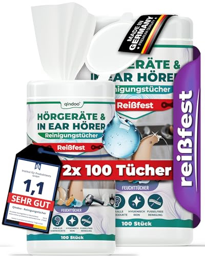 200x Hörgeräte Reinigungstücher reißfest Qindoo, Ohrenschmalz Reinigung für alle Hörsyteme, Hörgerätreiniger Cerumen Reiniger Tuch (2 Dosen)