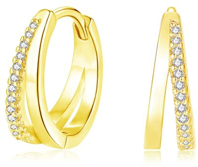 Cangall Ohrringe Gold, Sterling Silber Doppel-Creole mit Cubic Zirkonia, Hypoallergene Ohrringe Gold Creolen, Klein Schlafen Knorpel Huggie Modeschmuck Creolen Goldene Ohrringe für Damen Mädchen