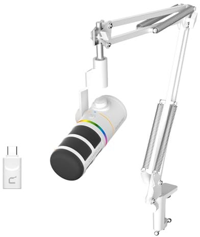 COMICA D10 Pro A XLR USB Dynamic Microphones with Receiver Boom Arm Stand for Gaming/TikTok/Podcast Recording,Support RGB Light Mute Button for PC,Smartphone,Computer,Mac,PS4/5(White)