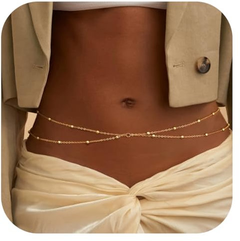EIROVYA 1 Stück Belly Chain, Bauchkette Gold für Frauen, 2 lagige Bauch und Körperkette mit Taillenkette Gold, Verstellbar, Wasserfest, Nicht Anlaufend, Waist Chain, Körperschmuck
