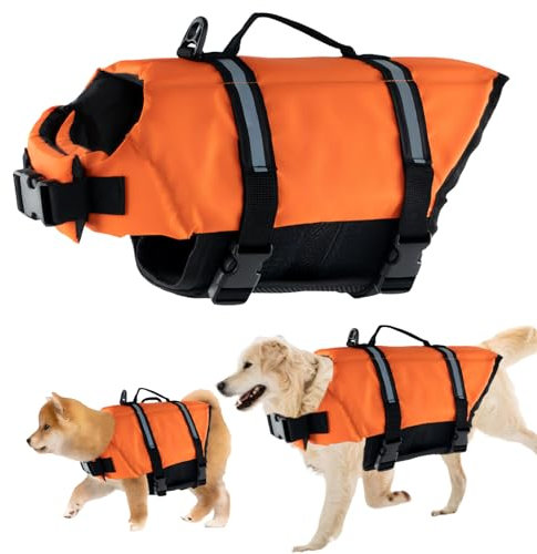 Schwimmweste Hund, FainFun Schwimmweste Hund Orange, für Klein und Groß Hunde Ripstop und Reflektierende, Verstellbare Größe mit Starkem Auftrieb und Schwimmen Rettungsgriff (Orange, XS)