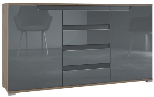 Vladon Sideboard Sylt V1, Kommode mit 2 Türen und 4 Schubladen, Korpus - Eiche Evoke/Front - Grau Hochglanz/Absetzung - Anthrazit matt (138,5 x 75,5 x 35 cm)