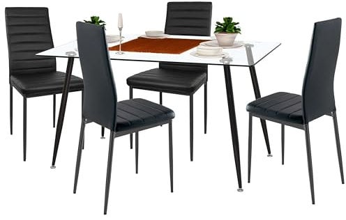 Miroytengo Conjunto de Mesa Comedor Cristal y 4 Sillas Avat Estilo Moderno Negro