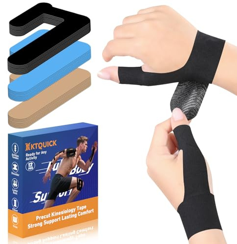 Precut Kinesiology Tape for Thumb Right, KTQUICK 12PCS Waterproof & Hypoallergenic Latex-Free Athletic Tape for Thumb Support, Wrist & Thumb Brace, Elastic Breathable Long-Lasting Thumb Tape (Black)