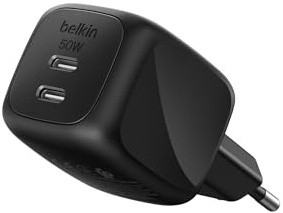 Belkin Caricatore USB C a 2 Porte 50W, Carica Batterie Cellulare USBC GaN a 2 Porte, Ricarica Rapida per MacBook, iPhone 17, iPad Pro, Chromebook, Galaxy S25 Ultra, Pixel 10, Gadget da Viaggio - Nero