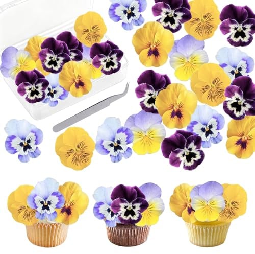 Essbare Blumen für Torte,50 Stück Tortendeko Essbare Blüten Kuchen Deko + Pinzette, Esspapier Blumen Cupcake Toppers für Fondant Muffin Geburtstag Hochzeit Baby Dusche Party Dekoration