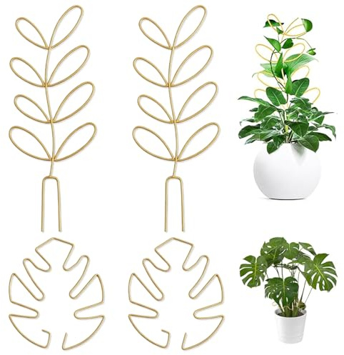 VEOIRXU 4 Stück Metall Rankhilfe für Zimmerpflanzen Blattförmiges Rankgitter Metalldrahtpfahl für Kletterpflanzen Zimmerpflanzen-Dekoration Mini-Pflanzen-Rankhilfe für Monstera Hoya Garten (Gold)