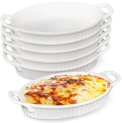 6 Stück Ovale Auflaufformen aus Keramik - 450 ml Lasagneformen mit Griffen für den Ofen - Kleine Porzellanschalen für Gratins, Aufläufe und Braten - Hitzebeständig, Weiß, 24 cm