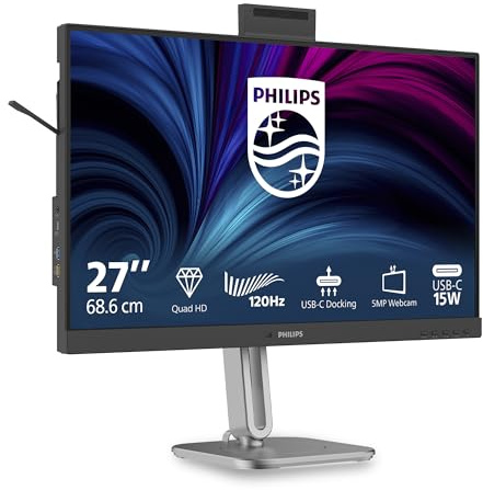 PHILIPS 27B2U4601H 27 Zoll WQHD USB Hub Monitor, 120Hz, IPS Panel, 4ms GtG, Adaptive Sync, Webcam, Höhenverstellung,Lautsprecher,(2560x1440 HDMI 1x 2.1 TMDS DP 1x 1.4) Anthrazit