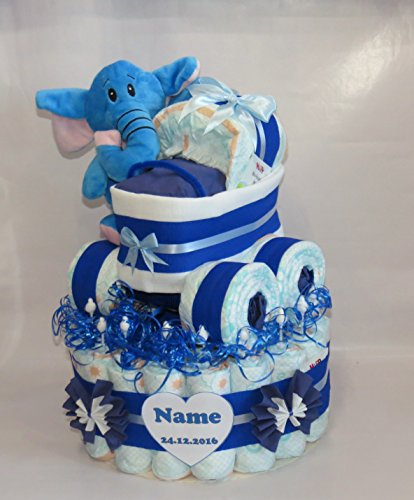 Windeltorte - Windeltorte mit Windelkinderwagen XL + Elefant (blau)