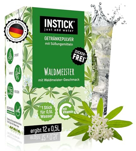 INSTICK Zuckerfreies Instant-Getränk (Waldmeister) - 1 Packung für 12 x 0,5-1 L - Veganes Getränkepulver Kalorienarm & Vitamin C - Instant-Pulver