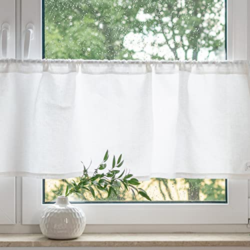 Varvara Home Scheibengardine Leinen | Küchengardine Bistrogardinen Kurzgardine Leinen | Scheibengardinen Blickdicht Landhausstil Badezimmer Schlafzimmer Weiss 45(H) x 140(B) cm