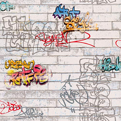 Graffiti Tapete für Jungenzimmer | Coole Tapete in Steinoptik für Jungs | Backstein Tapete mit buntem Graffiti für Kinderzimmer