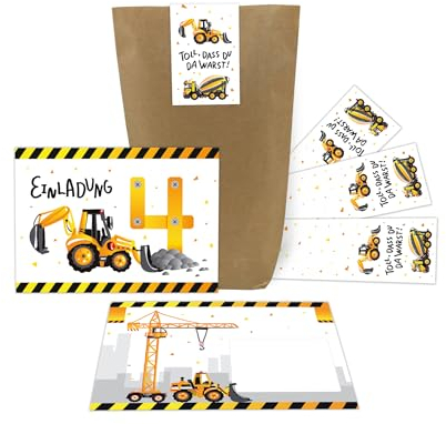 Junaversum 12 Einladungskarten zum 4. vierten Kindergeburtstag Jungen Baustelle Bagger incl. 12 Umschläge, 12 Tüten, 12 Aufkleber