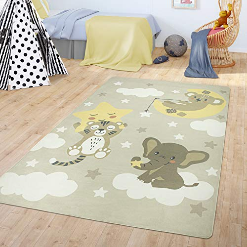 TT Home Teppich Kinderzimmer Kinderteppich Babymatte Koala Elefant Wolken Sterne Himmel Mond, Farbe:Beige, Größe:80x150 cm