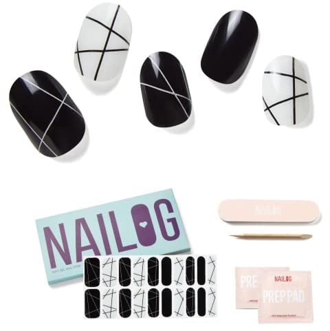 NAILOG Semi Cured Gel Nail Strips, Extra Long Nail Polish Strips (20 Pieces), Long Lasting Semi Cured Nail Stickers with Soft Glossy Gel Finish, B&W Composition