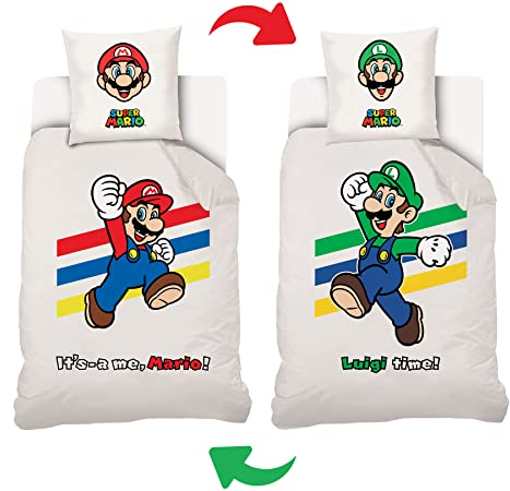 Nintendo Mario – Funda nórdica Its Luigi Reversible ADO 140 x 200 cm + 1 Funda de Almohada de 63 x 63 cm, 100% algodón, Color Blanco
