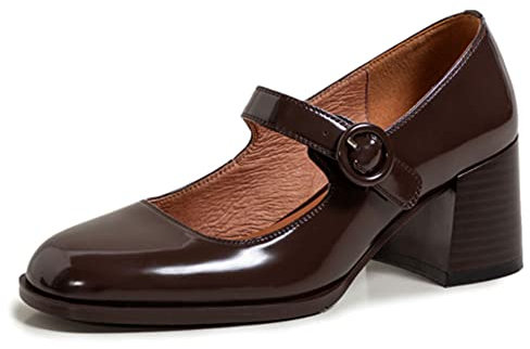 Lutalica Scarpe da donna, chiuse, con punta rotonda, di vernice, vintage, retrò, cinturino con fibbia, tacco grosso, ballerine Mary Jane, Marrone, 38 EU