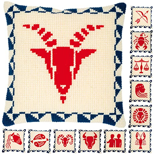 Vervaco Kreuzstich Stickpackungen Kissen Stickerei Set Anfänger Vorgedruckt Sternzeichen DIY Set Kreativ Set Für Erwachsene Dekoratives Kissen ca. 40 x 40 cm Bastelset Handwerker Haus Dekoration