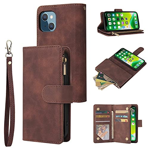 UEEBAI Wallet Case for iPhone 13 6.1, Premium Vintage PU Leather Magnetic Handbag Zipper Pocket Case Kickstand Card Slots with Wrist Strap TPU Shockproof Flip Cover - Coffee