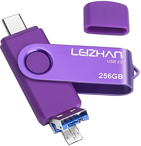 leizhan USB Flash Drive 256GB, 3 in 1 Type C/Micro USB/USB 3.0 Waterproof Pen Drive for Huawei Samsung Android Phone Tablet Mac PC(Purple, 256GB)