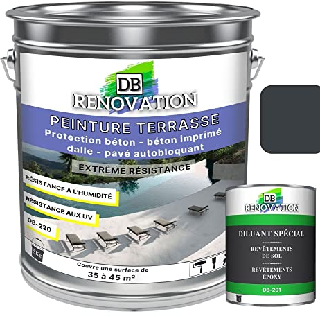 DB Rénovation PEINTURE SOL TERRASSE Extérieur pour béton, pavé - Forte protection UV - Haute imperméabilité - Passage fréquent - Gris anthracite 5KG + 1L Diluant
