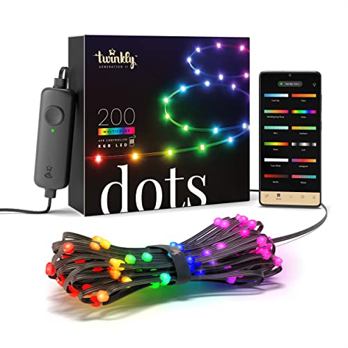 Twinkly Dots 10m, Flexibler RGB-LED-Streifen, für Drinnen und Draußen, Kompatibel mit Alexa und Google Home, IP44, Über 16 Mio. Farben, App-Steuerung, Schwarzes Kabel, 200 LED-Lichter