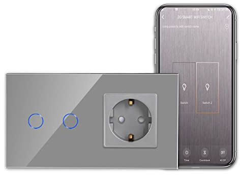 CNBINGO Socket with 2-Way WLAN Light Switch - WiFi Smart Switch Works with Alexa, Google Home, Smart Life App, Grey Glass Panel and Status LED - Neutral Conductor is Needed