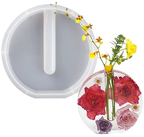 Epoxidharz Silikonformen Vase Resin Gießform mit Reagenzglas Deko Blumenvase,DIY Blumenvasen Herzform Silikonformen Epoxidharz Trockene Blume Desktop Dekorationen Vase Resin Silikonform (Runden)
