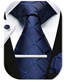 HISDERN Herren Hochzeit Navy blau Krawatten und Einstecktuch Krawatte Plaid Manschettenknöpfe-Krawattenklammer-Set