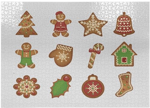 ABAKUHAUS Gingerbread Man Jigsaw Puzzle, Various Biscuits in Different Shapes Delicious Bakery Goodies, Heirloom-Quality Fun Activity for Family Durable Cardboard, 1000 pcs, Pale Brown Green Red