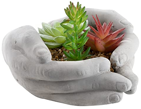 Nicht Zutreffend Hand mit Pflanze - Grau - Zement - 20 x 17 cm - mit Kunstpflanzen