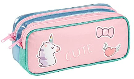 Viquel - Trousse Scolaire 2 Compartiments Licorne 21 x 9 x 6 cm Rose Trousse rectangulaire avec 2 Compartiments, Polyester et PVC holographique, Fermeture avec Zips en Plastique