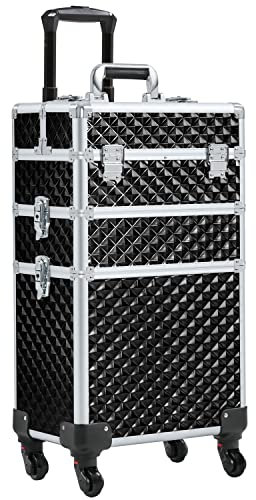 Abician Valise de Maquillage 3 en 1, Beauty Case Gaufrée Brillante, Malette Maquillage Professionnel Verrouillable Tiroir à Casiers Valise Trolley pour Voyages Noir