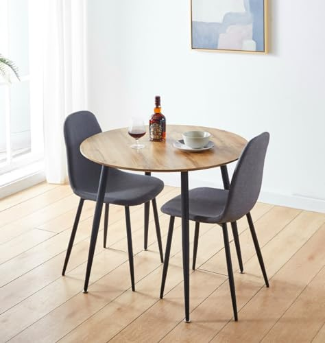 Hallowood Furniture Cullompton Compact Round Dining Table and Chairs Set 2 | Oak Effect Top Kitchen Table and Chairs in Grey Fabric Upholstery and Metal Legs, Dining Room Sets for Home, Office & Café