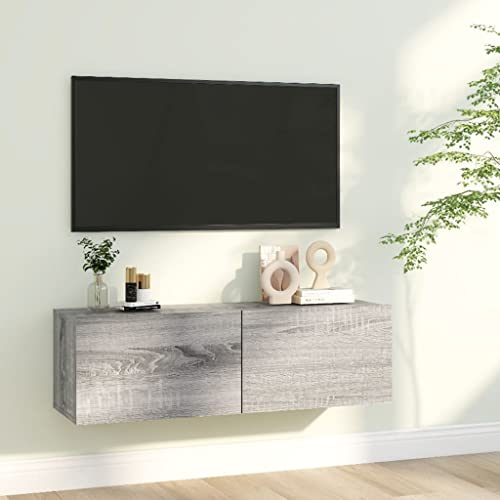 homiuse TV-Wandschrank Grau Sonoma 100x30x30 cm Holz HäNgende TV-Schrank HäNgeschrank Wohnzimmer MöBel Tv Lowboard HäNgend Fernsehtisch Fernsehschrank BüCherregal Schrank 2 Fächer mit Klapptüren