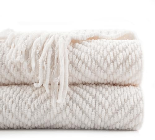 Battilo Cream Throw Blanket for Sofa Couch Chair Bed, Super Soft Decorative Knitted Throw with Tassels, Warm Cozy Couch Cover Blanket, Cream White Sofa Blanket, Bed Throw, 153x203cm