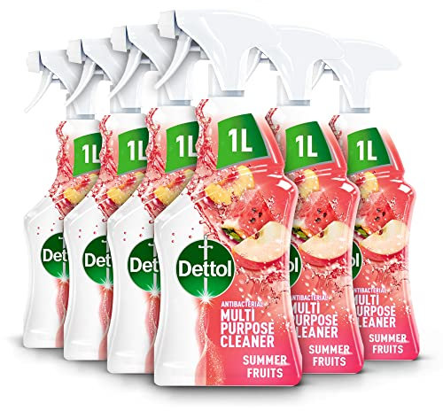 Dettol Antibacterial Cleaning Spray, Summer Fruits Scent, 6-Pack of 1L Bottles, Total 6L, Multipurpose Surface Sanitizer, Germ Protection, Fresh Fragrance, Household Essential