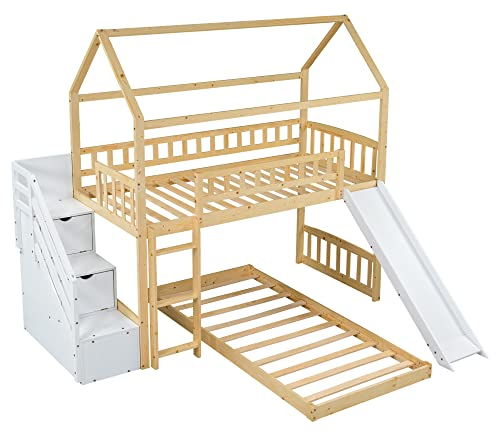 90x200 cm Letto a castello per 2 bambini a Forma di Casetta, con scivolo e scale e corrimano e protezione anticaduta e rete a doghe e 2 cassetto, con struttura in pino