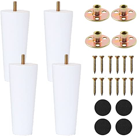 XineYuor 4PCS Blanc Pied De Meuble Bois Pied de Lit en Bois Pieds de Table en Bois Massif avec Accessoires Pieds de Canapé pour Fauteuil,Table De Nuit,Armoire,Tiroir (12cm/4.72'', White)