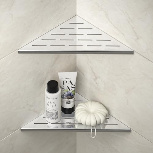 Bernkot Corner Shower Shelf 10 Polished 304 Stainless Steel Recessed Corner Shelves with Slot Design Bathroom Shelf Racks for Tiled Wall, No Drilling Needed, 2 Pack