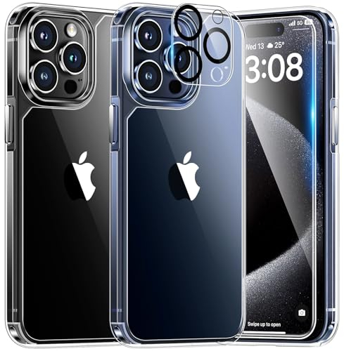 TAURI Coque pour iPhone 15 Pro Max avec Protection D'écran en Verre Trempé, Protection Militaire,Coque Bumper Transparente Antichoc - Transparent
