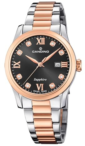 Candino Swiss Damenuhr Analog aus Edelstahl 316l Silberfarben | Quarzwerk, Widerstandsfähiges Saphirglas, Wasserdicht 5 ATM, Kalender C4739/5, Lady Elegance