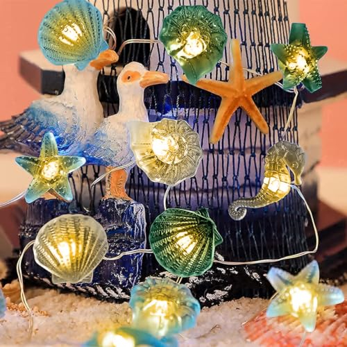 YATOSEEN LED Lichterkette zum Thema Meeresleben, 2M 20 LED Superspaßige Seepferdchen Seestern Muschel Muschelhorn Lichterkette mit Fernbedienung, Lichter für Dekoration